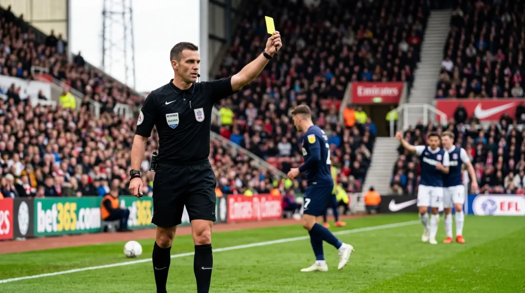 Arbitro mostrando tarjeta amarilla a jugador en partido de futbol